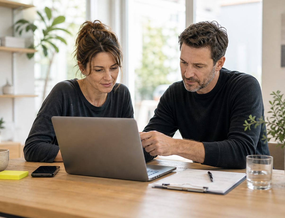 Zwei Personen besprechen die Website-Betreuung an einem Laptop